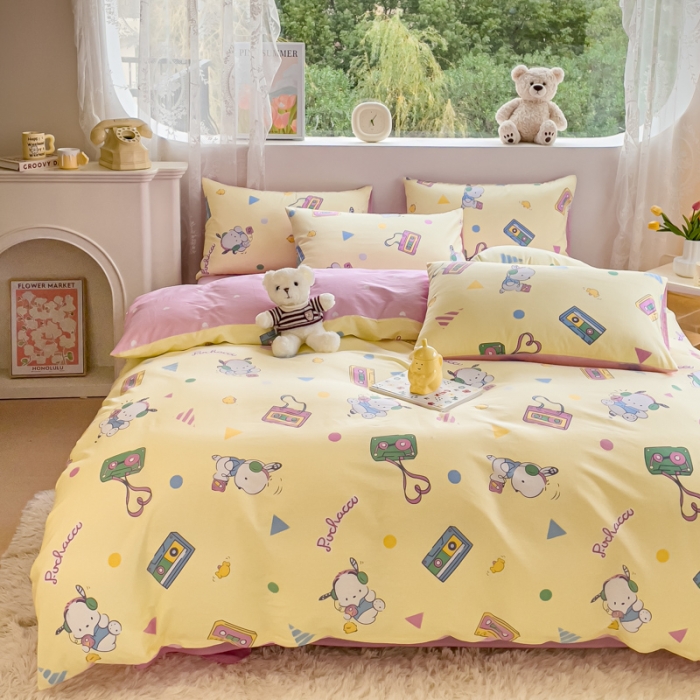 91家纺网 家纺一手货源 找家纺 金丝鸟家纺 2023新款全棉印花可爱卡通帕恰狗四件套 音乐帕恰狗