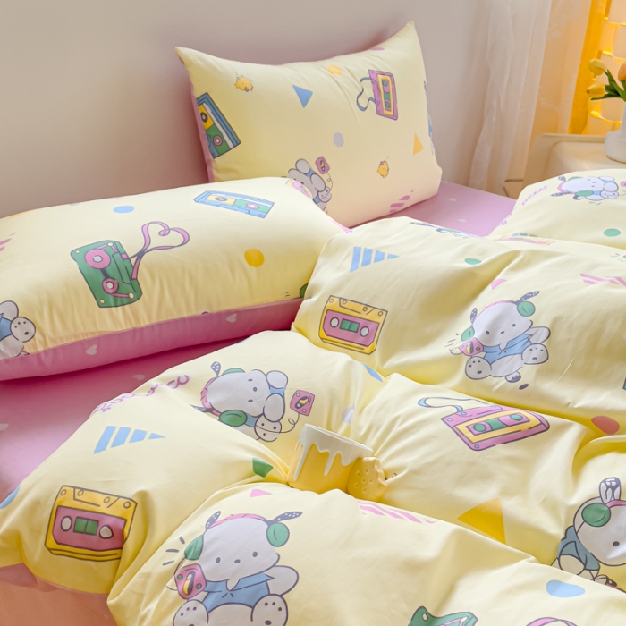 91家纺网 家纺一手货源 找家纺 金丝鸟家纺 2023新款全棉印花可爱卡通帕恰狗四件套 音乐帕恰狗