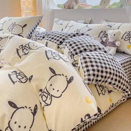 91家纺网 家纺一手货源 找家纺 金丝鸟家纺 2023新款全棉印花可爱卡通帕恰狗四件套 爱心黑白帕恰狗