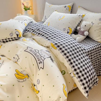 91家纺网 家纺一手货源 找家纺 金丝鸟家纺 2023新款全棉印花可爱卡通帕恰狗四件套 香蕉帕恰狗