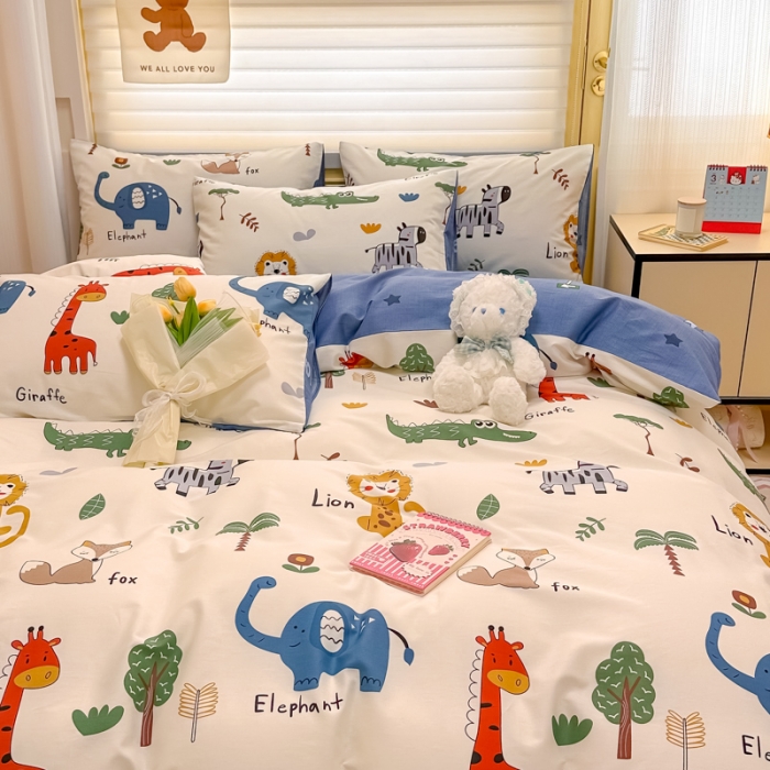 91家纺网 家纺一手货源 找家纺 晨希 2024春夏新款全棉13372印花四件套—卡通系列 动物世界