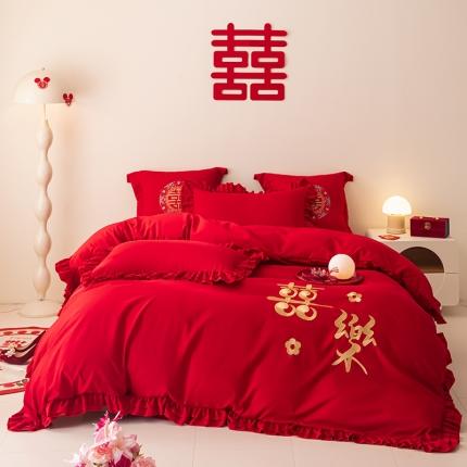 91家纺网 家纺一手货源 找家纺 2025新款磨毛时尚花边款床裙婚庆四件套 花边款-幸福