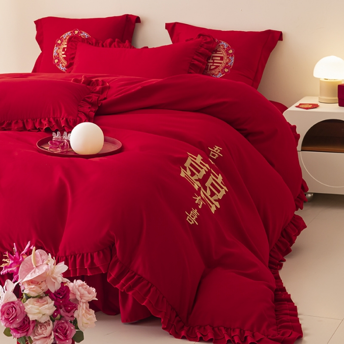 91家纺网 家纺一手货源 找家纺 2025新款磨毛时尚花边款床裙婚庆四件套 花边款-双喜