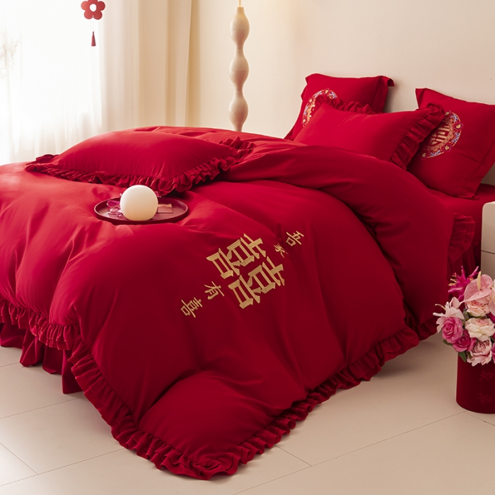 91家纺网 家纺一手货源 找家纺 2025新款磨毛时尚花边款床裙婚庆四件套 花边款-双喜