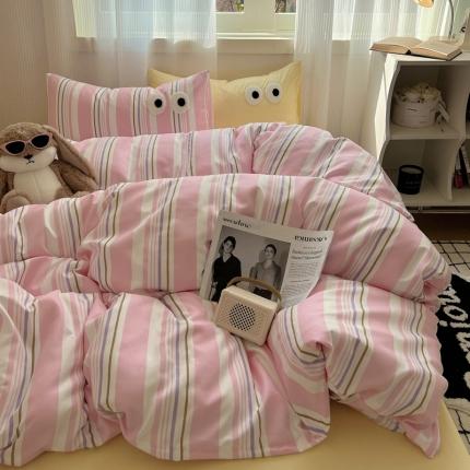 91家纺网 家纺一手货源 找家纺 花伞 2023新款大眼毛巾绣纯色拼色水洗云朵棉四件套 大眼-粉条纹