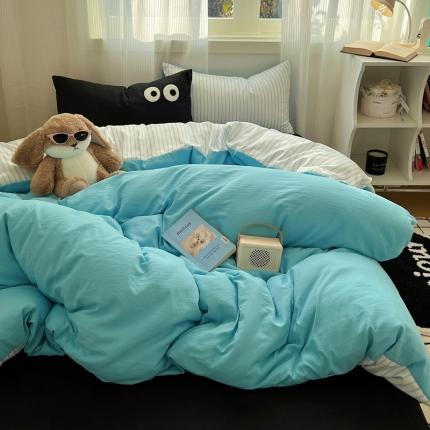 91家纺网 家纺一手货源 找家纺 花伞 2023新款大眼毛巾绣纯色拼色水洗云朵棉四件套 大眼-海蓝