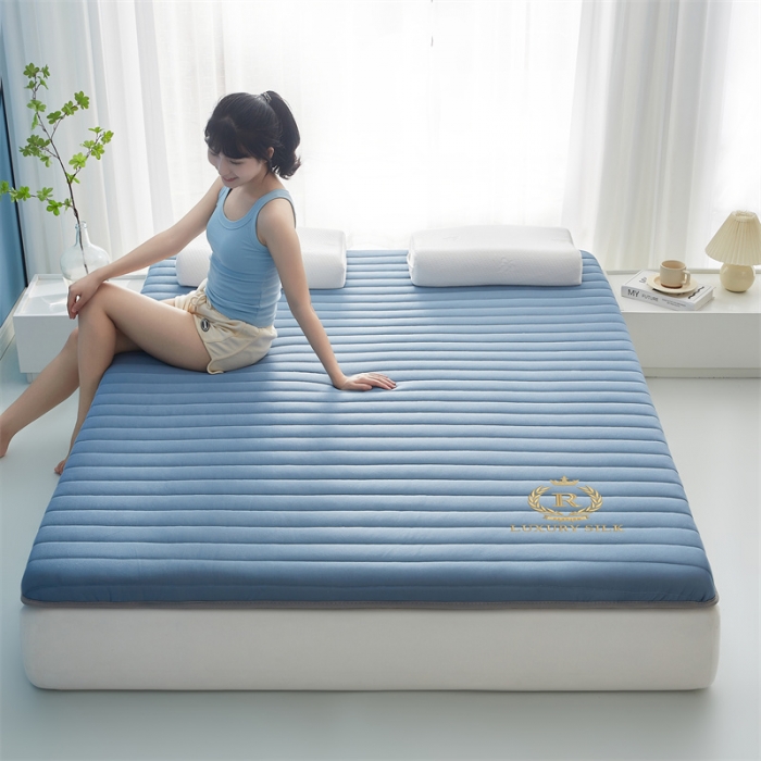 91家纺网 家纺一手货源 找家纺 鹿辉 2025新款牛奶丝烫画单边床垫 皇冠直线蓝