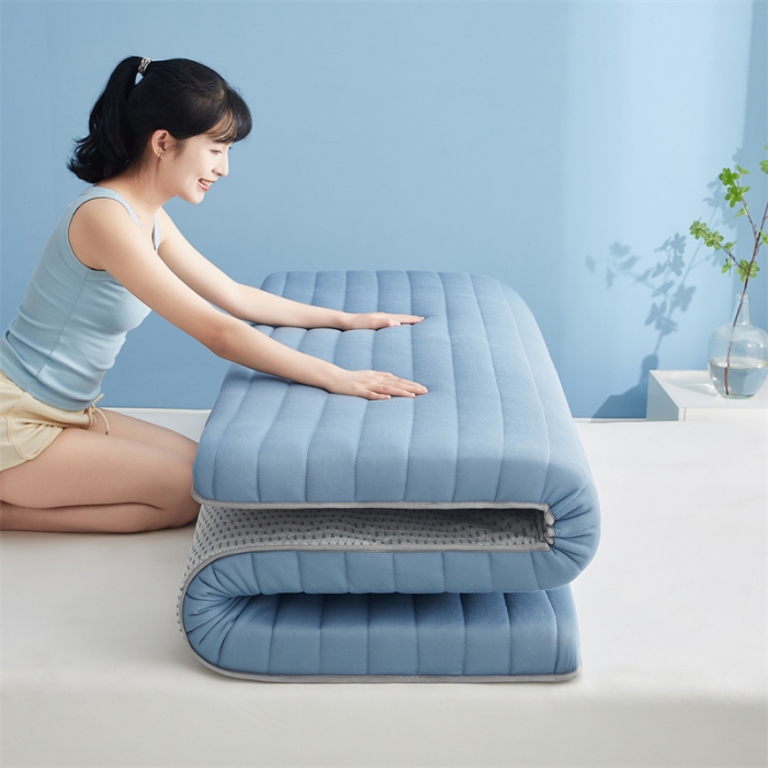 91家纺网 家纺一手货源 找家纺 鹿辉 2025新款牛奶丝烫画单边床垫 皇冠直线蓝