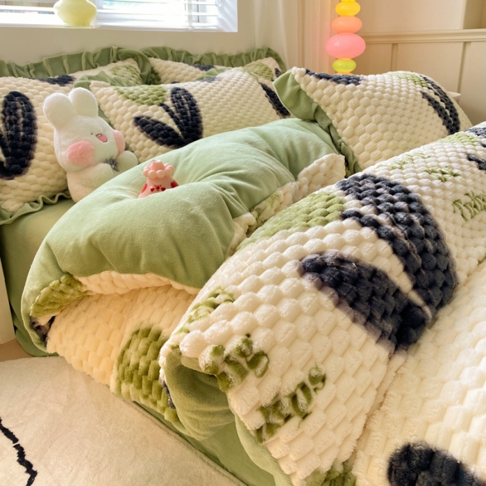 91家纺网 家纺一手货源 找家纺 星座 2025新款豆豆绒金龟绒四件套 郁金香绿