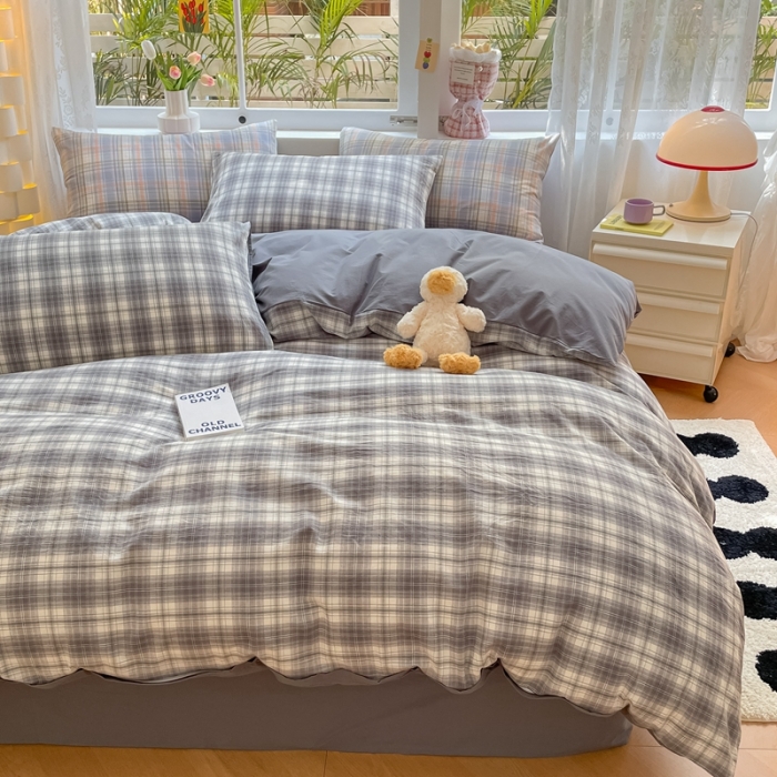 91家纺网 家纺一手货源 找家纺 雨帆家纺 2023新款良品简约亲肤水洗棉印花四件套 良品灰格子