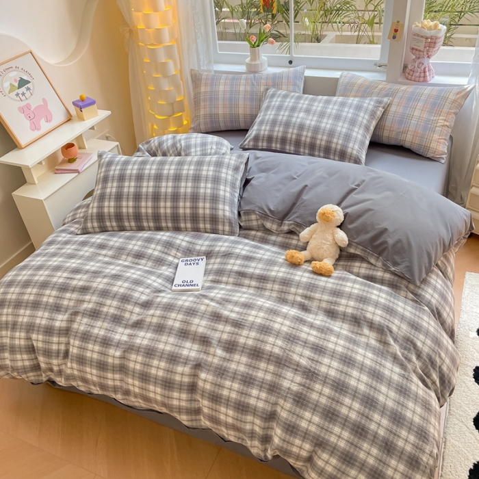 91家纺网 家纺一手货源 找家纺 雨帆家纺 2023新款良品简约亲肤水洗棉印花四件套 良品灰格子