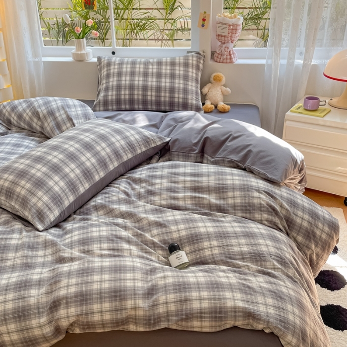 91家纺网 家纺一手货源 找家纺 雨帆家纺 2023新款良品简约亲肤水洗棉印花四件套 良品灰格子