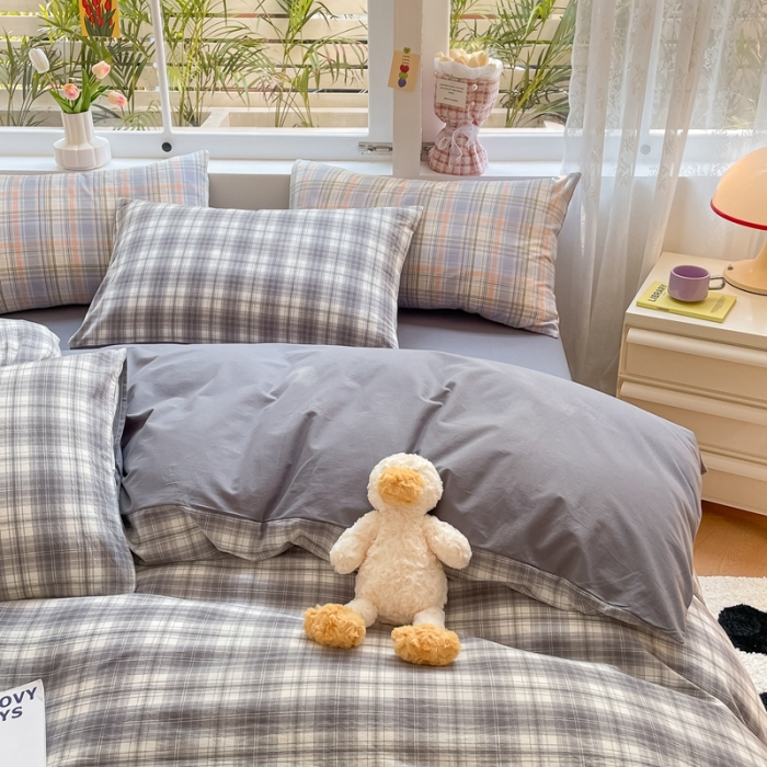 91家纺网 家纺一手货源 找家纺 雨帆家纺 2023新款良品简约亲肤水洗棉印花四件套 良品灰格子