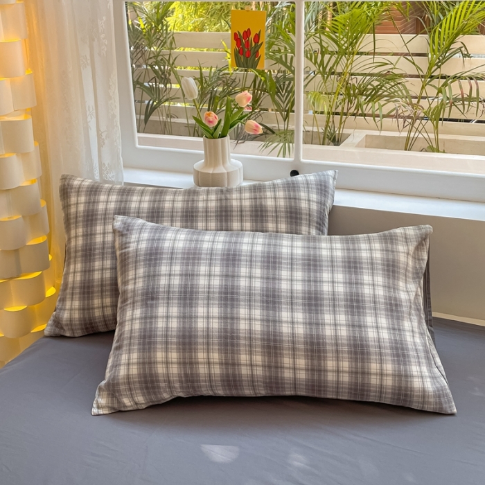 91家纺网 家纺一手货源 找家纺 雨帆家纺 2023新款良品简约亲肤水洗棉印花四件套 良品灰格子