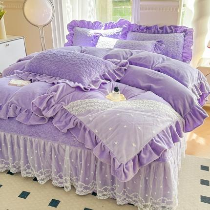 总）苏米娜家纺2023浪漫花语秋冬保暖加厚牛奶绒夹棉床盖床裙款四件套