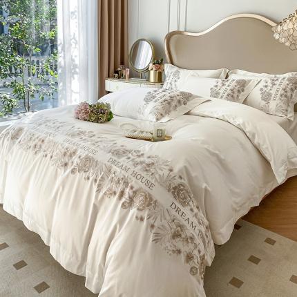 91家纺网 家纺一手货源 找家纺 【网红直播爆款】夏季长绒棉四件套纯色纯棉全棉刺绣简约大气天丝棉床单床笠款床上用品 典雅白
