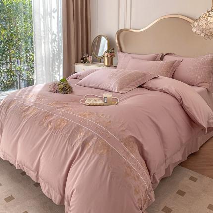 91家纺网 家纺一手货源 找家纺  【网红直播爆款】夏季长绒棉四件套纯色纯棉全棉刺绣简约大气天丝棉床单床笠款床上用品 红桃色