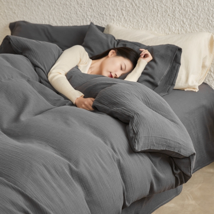 91家纺网 家纺一手货源 找家纺 安莱生活2024款绉纱美拉德色纯色四件套单品系列 黑巧