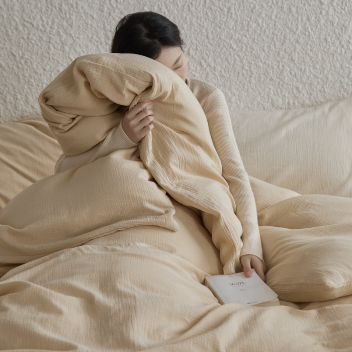 91家纺网 家纺一手货源 找家纺 安莱生活2024款绉纱美拉德色纯色四件套单品系列 曲奇