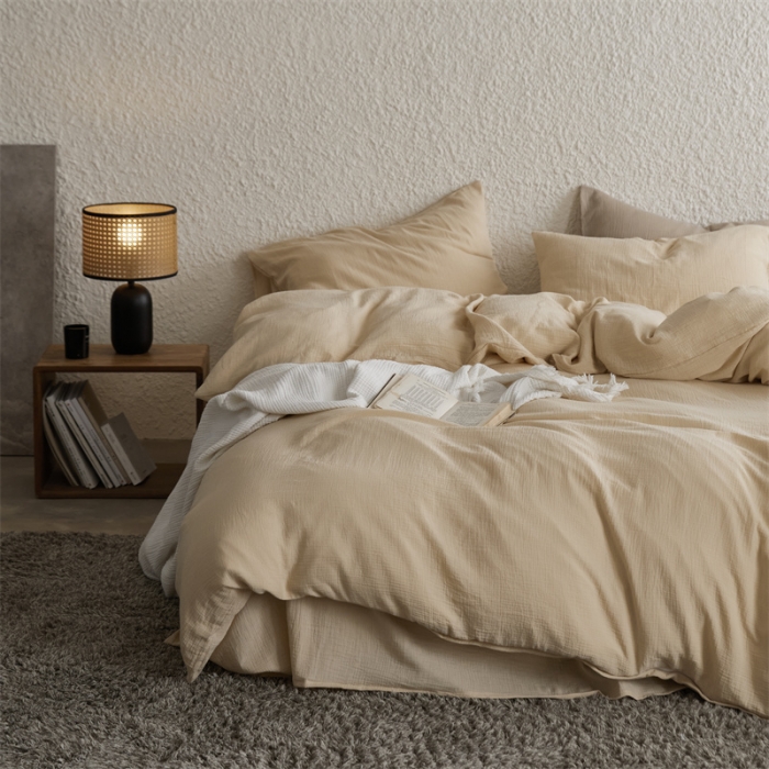 91家纺网 家纺一手货源 找家纺 安莱生活2024款绉纱美拉德色纯色四件套单品系列 曲奇