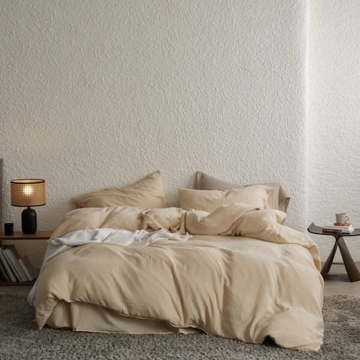 91家纺网 家纺一手货源 找家纺 安莱生活2024款绉纱美拉德色纯色四件套单品系列 曲奇