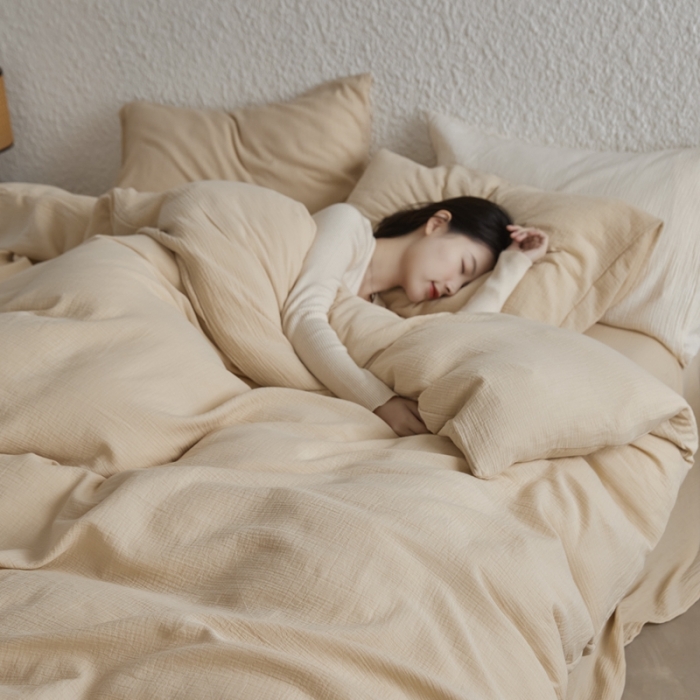 91家纺网 家纺一手货源 找家纺 安莱生活2024款绉纱美拉德色纯色四件套单品系列 曲奇