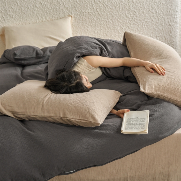 91家纺网 家纺一手货源 找家纺 安莱生活2024款绉纱美拉德色混搭四件套单品系列 黑巧+伯爵+曲奇伯爵