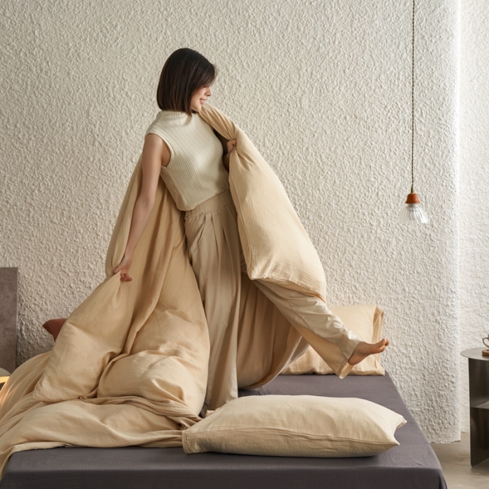 91家纺网 家纺一手货源 找家纺 安莱生活2024款绉纱美拉德色混搭四件套单品系列 曲奇+黑巧+曲奇太妃