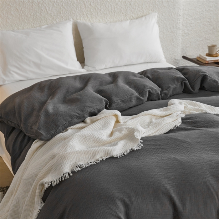 91家纺网 家纺一手货源 找家纺 安莱生活2024新款绉纱美拉德色纯色单品被套 黑巧