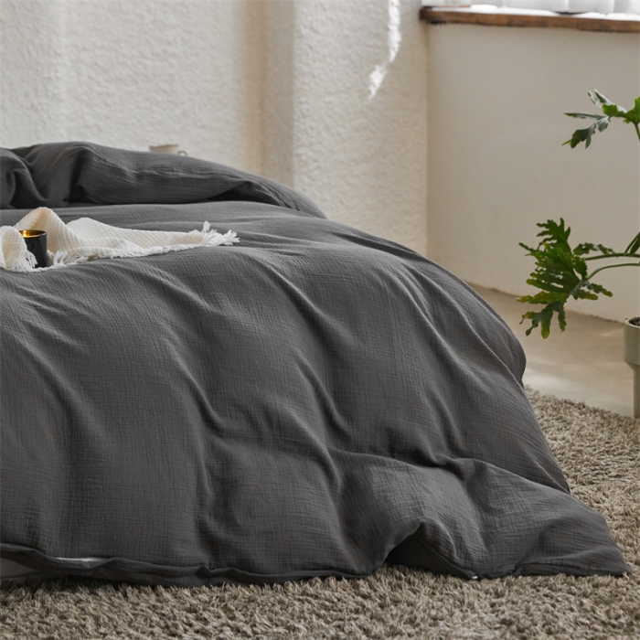 91家纺网 家纺一手货源 找家纺 安莱生活2024新款绉纱美拉德色纯色单品被套 黑巧