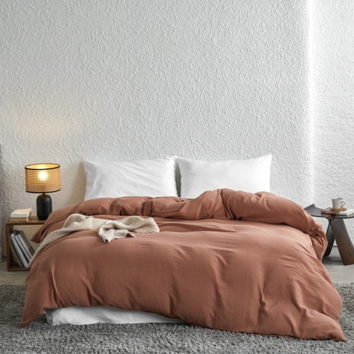 91家纺网 家纺一手货源 找家纺 安莱生活2024新款绉纱美拉德色纯色单品被套 太妃