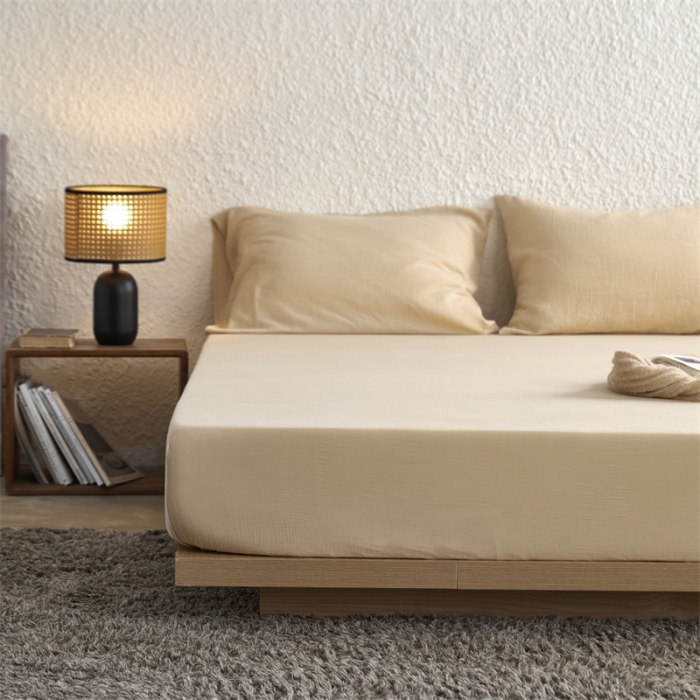 91家纺网 家纺一手货源 找家纺 （总）安莱生活 2024新款绉纱美拉德色纯色单品床笠