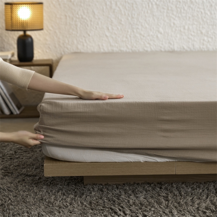 91家纺网 家纺一手货源 找家纺 安莱生活 2024新款绉纱美拉德色纯色单品床笠 伯爵