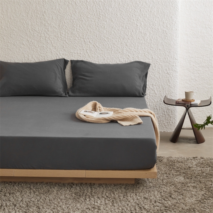 91家纺网 家纺一手货源 找家纺 安莱生活 2024新款绉纱美拉德色纯色单品床笠 黑巧