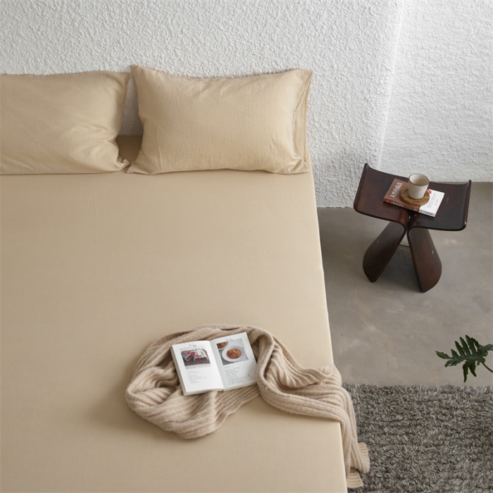 91家纺网 家纺一手货源 找家纺 安莱生活 2024新款绉纱美拉德色纯色单品床笠 曲奇