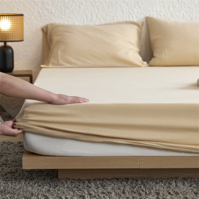 91家纺网 家纺一手货源 找家纺 安莱生活 2024新款绉纱美拉德色纯色单品床笠 曲奇