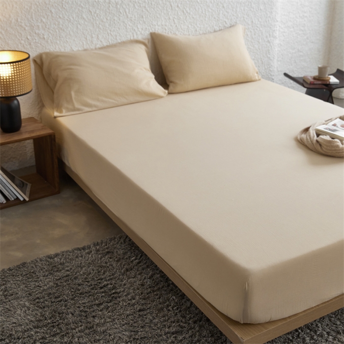 91家纺网 家纺一手货源 找家纺 安莱生活 2024新款绉纱美拉德色纯色单品床笠 曲奇