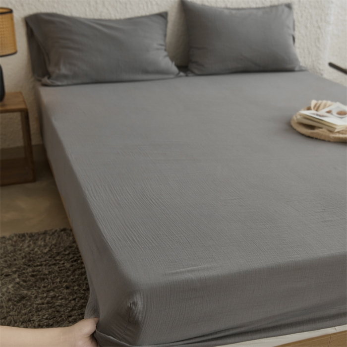 91家纺网 家纺一手货源 找家纺 安莱生活 2024新款绉纱美拉德色纯色单品床笠 水泥