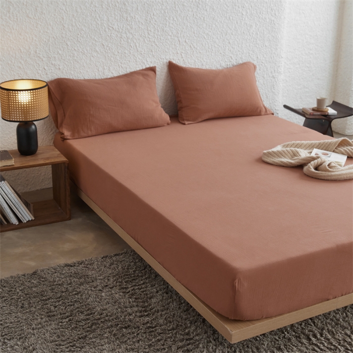 91家纺网 家纺一手货源 找家纺 安莱生活 2024新款绉纱美拉德色纯色单品床笠 太妃