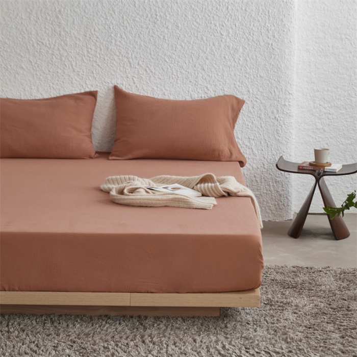 91家纺网 家纺一手货源 找家纺 安莱生活 2024新款绉纱美拉德色纯色单品床笠 太妃