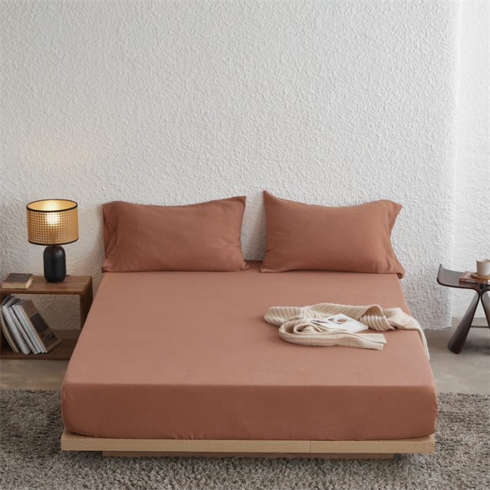 91家纺网 家纺一手货源 找家纺 安莱生活 2024新款绉纱美拉德色纯色单品床笠 太妃