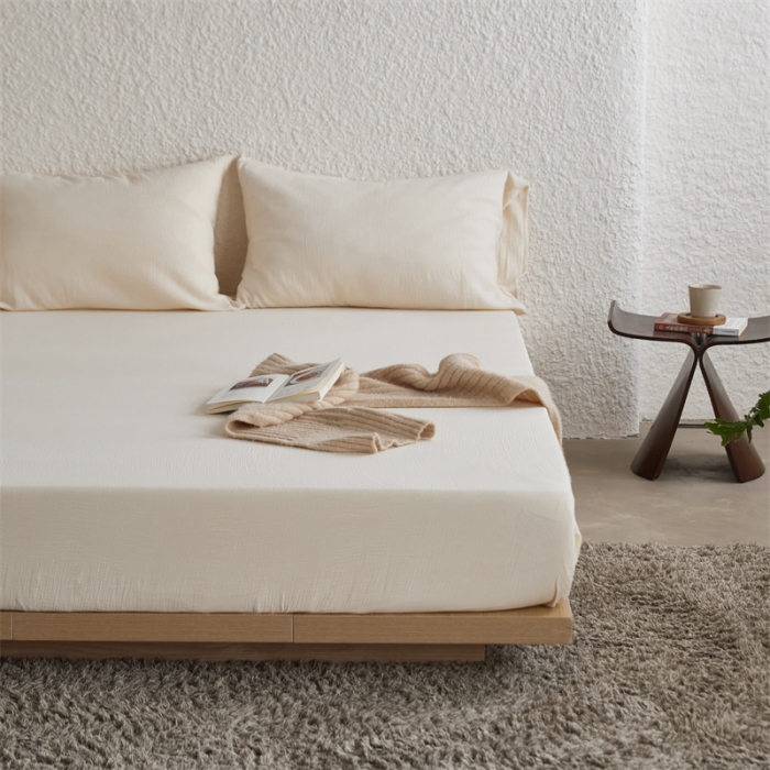 91家纺网 家纺一手货源 找家纺 安莱生活 2024新款绉纱美拉德色纯色单品床笠 芝士