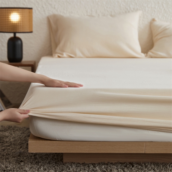 91家纺网 家纺一手货源 找家纺 安莱生活 2024新款绉纱美拉德色纯色单品床笠 芝士