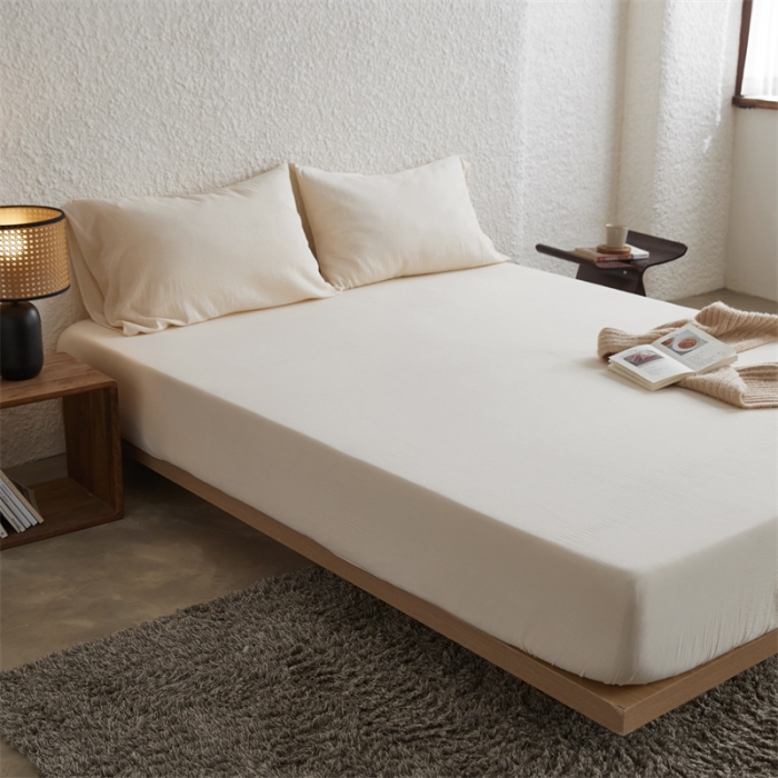 91家纺网 家纺一手货源 找家纺 安莱生活 2024新款绉纱美拉德色纯色单品床笠 芝士