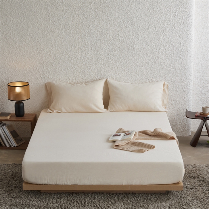 91家纺网 家纺一手货源 找家纺 安莱生活 2024新款绉纱美拉德色纯色单品床笠 芝士