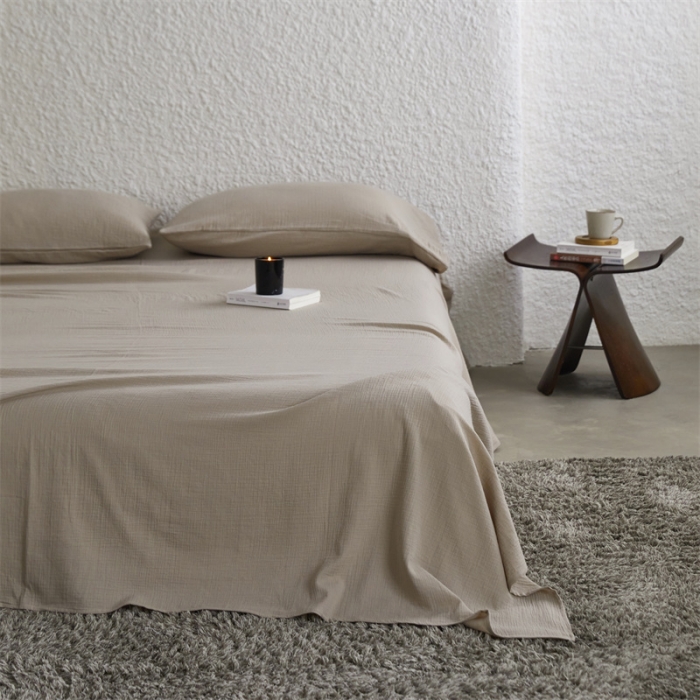 91家纺网 家纺一手货源 找家纺 安莱生活2024新款绉纱美拉德色纯色单品床单 伯爵