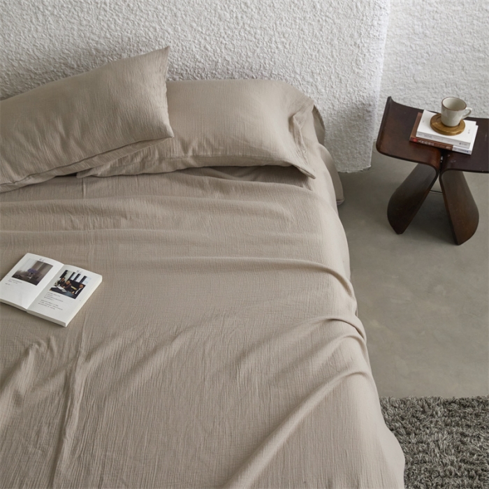 91家纺网 家纺一手货源 找家纺 安莱生活2024新款绉纱美拉德色纯色单品床单 伯爵
