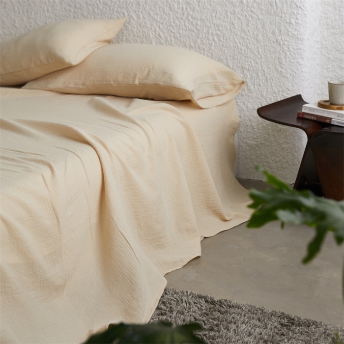 91家纺网 家纺一手货源 找家纺 安莱生活2024新款绉纱美拉德色纯色单品床单 曲奇