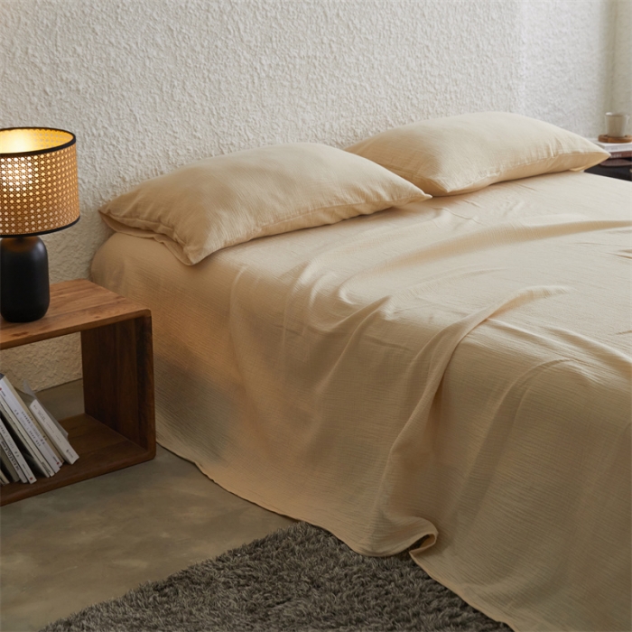 91家纺网 家纺一手货源 找家纺 安莱生活2024新款绉纱美拉德色纯色单品床单 曲奇