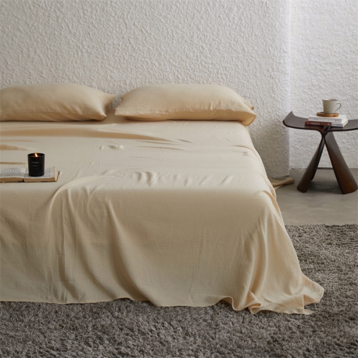 91家纺网 家纺一手货源 找家纺 安莱生活2024新款绉纱美拉德色纯色单品床单 曲奇